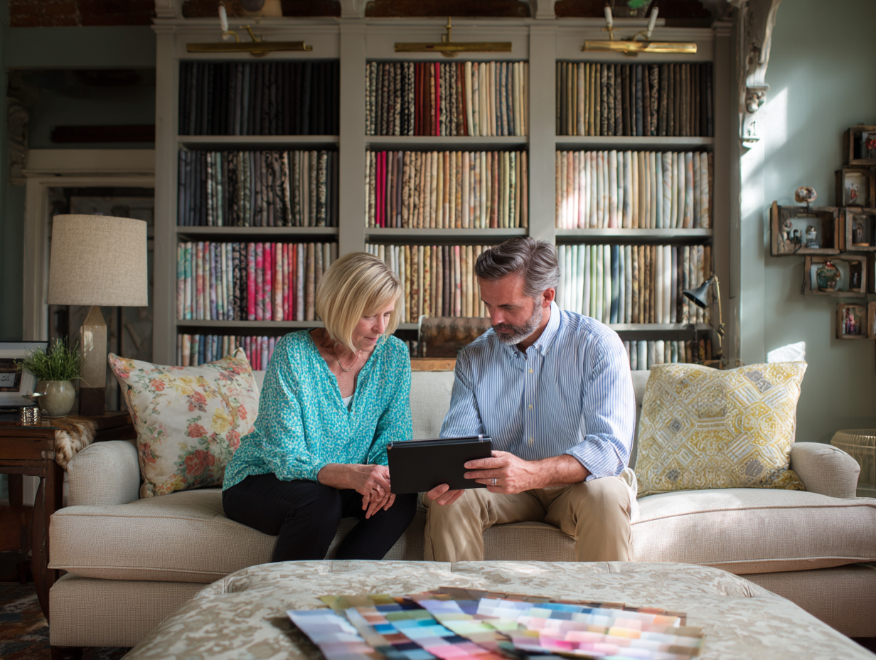 Homeowners reviewing fabric samples with a furniture upholstery consultant in a showroom.